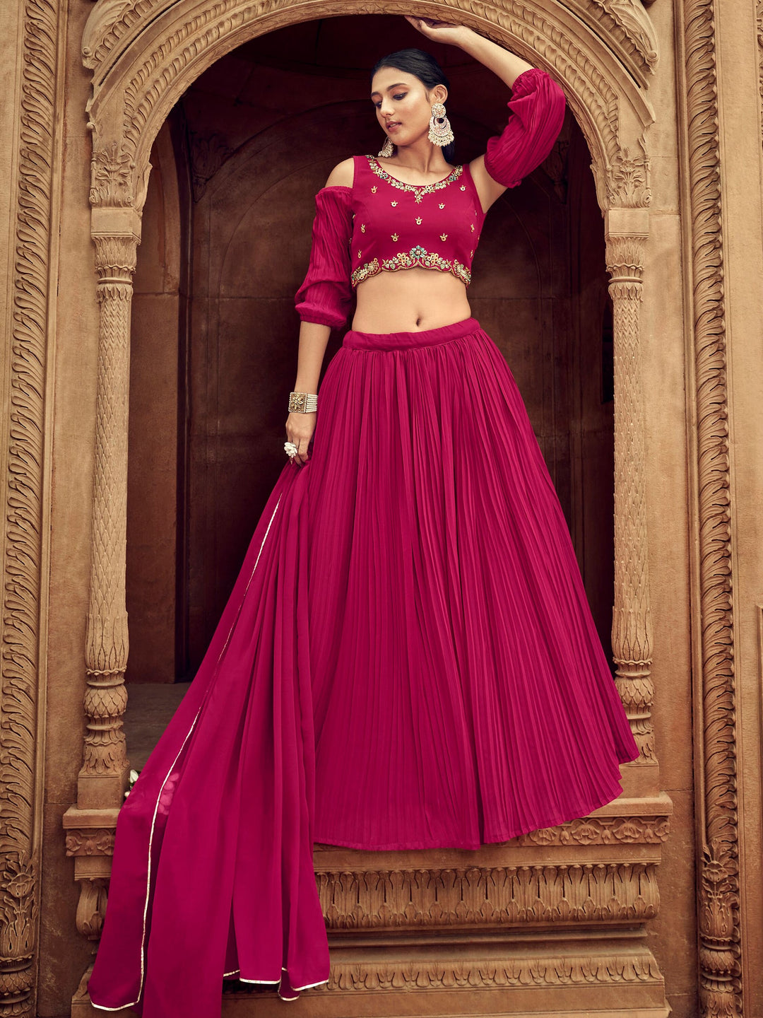 Rani Pink Embroidered Georgette Wedding Lehenga Choli