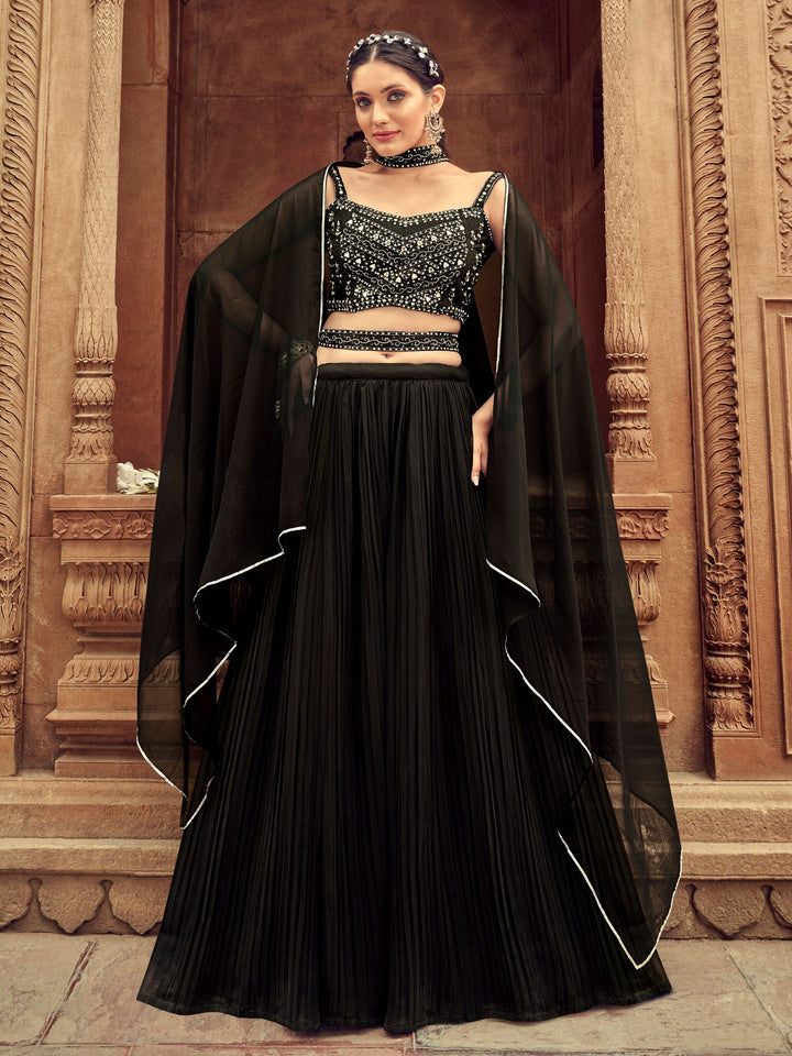 Black Embroidered Georgette Reception Wear Lehenga Choli
