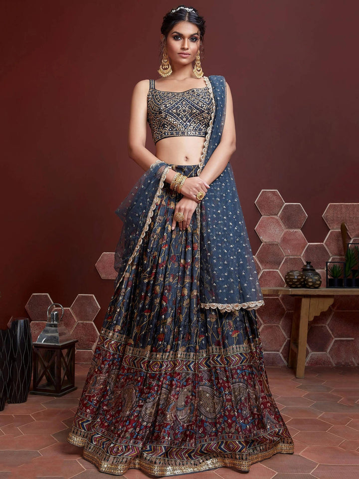 Exquisite Blue Digital Printed Chinon Silk Party Wear Lehenga Choli
