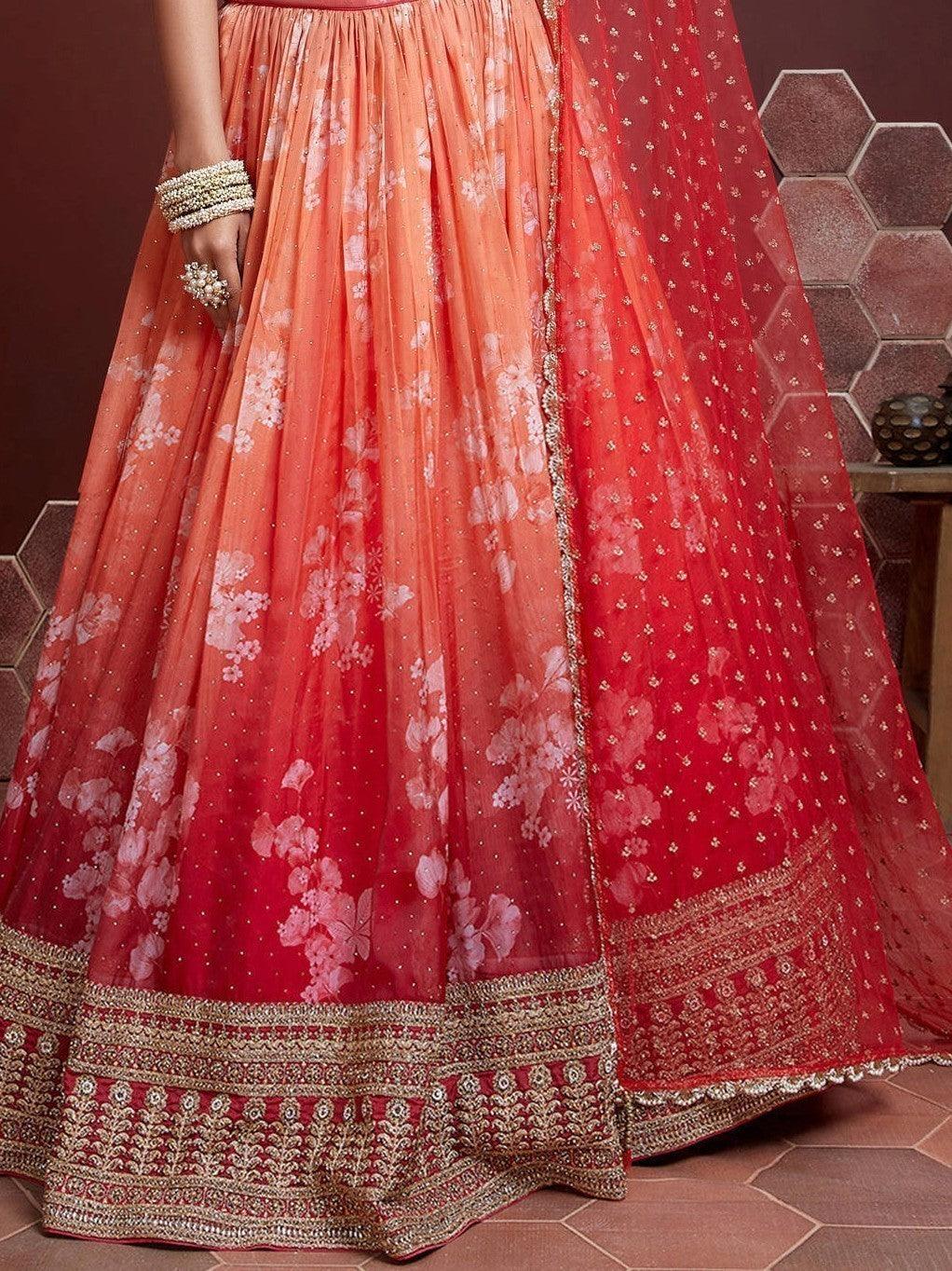 Astonishing Orange Digital Printed Organza Silk Lehenga Choli