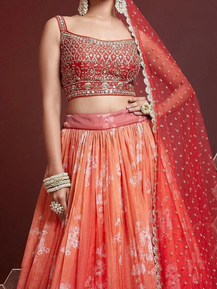 Astonishing Orange Digital Printed Organza Silk Lehenga Choli