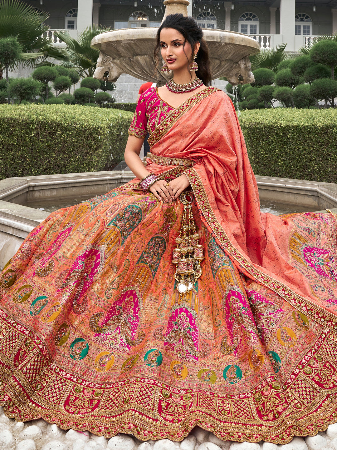 Peach Zari Weaving Banarasi Silk Wedding Lehenga Choli