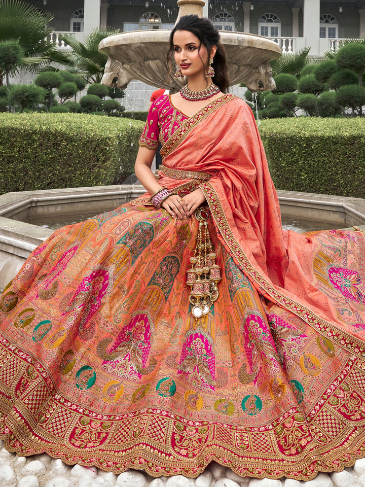 Peach Zari Weaving Banarasi Silk Wedding Lehenga Choli