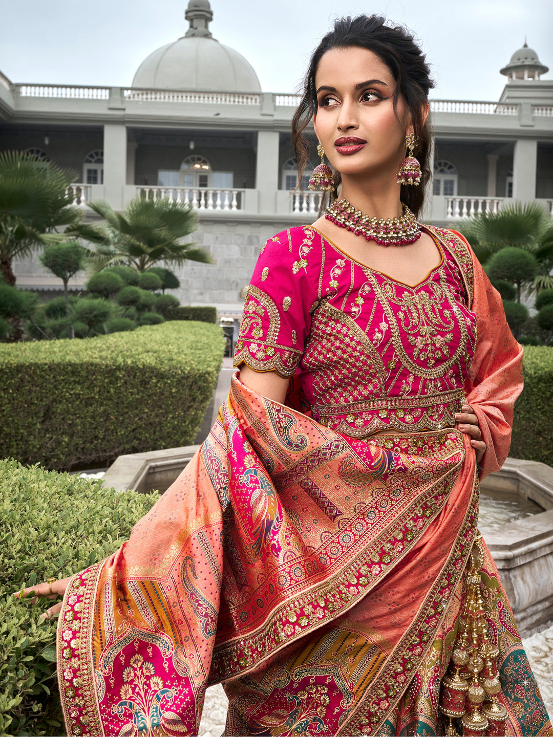 Peach Zari Weaving Banarasi Silk Wedding Lehenga Choli