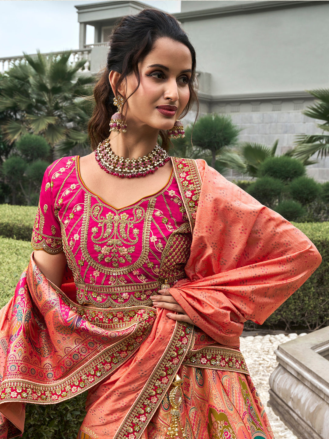 Peach Zari Weaving Banarasi Silk Wedding Lehenga Choli