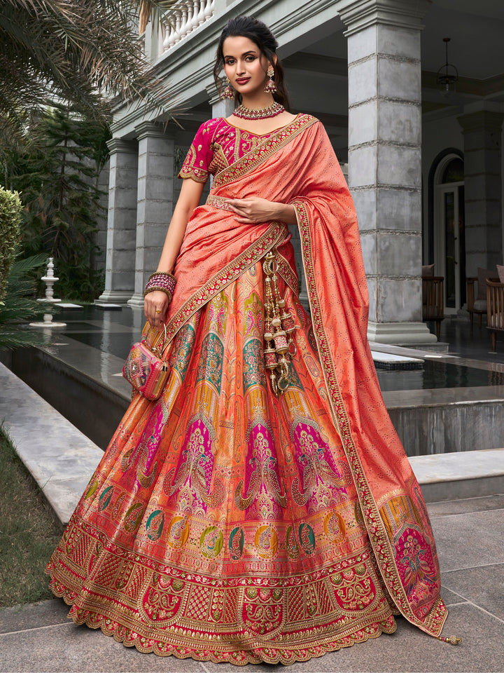 Peach Zari Weaving Banarasi Silk Wedding Lehenga Choli