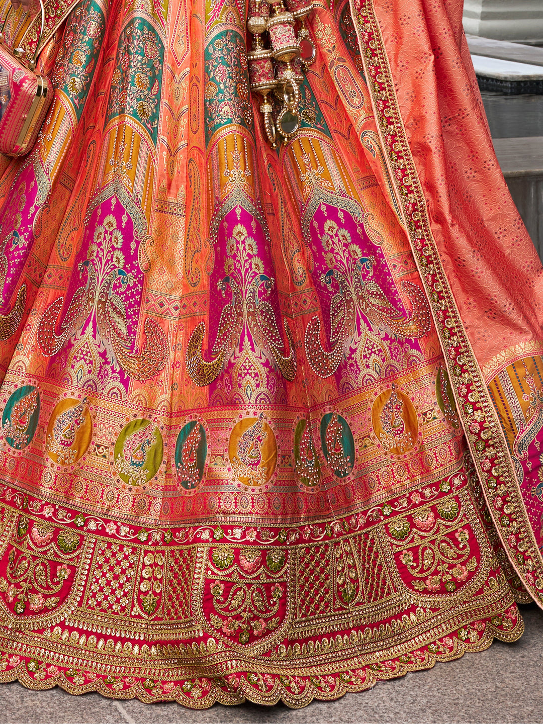 Peach Zari Weaving Banarasi Silk Wedding Lehenga Choli