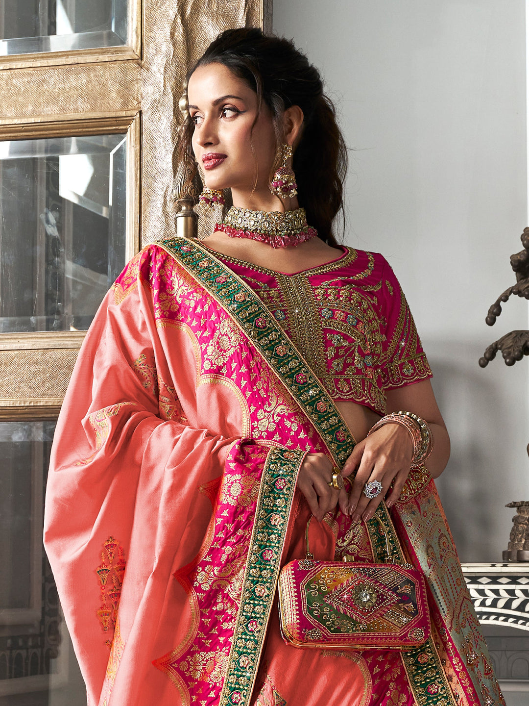 Pink Zari Weaving Banarasi Silk Bridesmaid Lehenga Choli