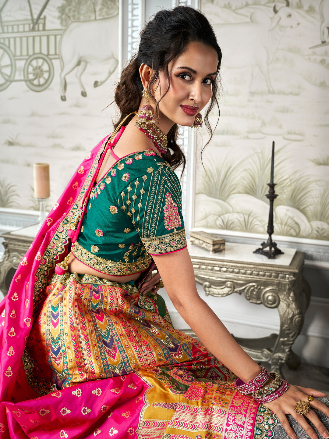 Multi-Color Zari Weaving Banarasi Silk Lehenga Choli