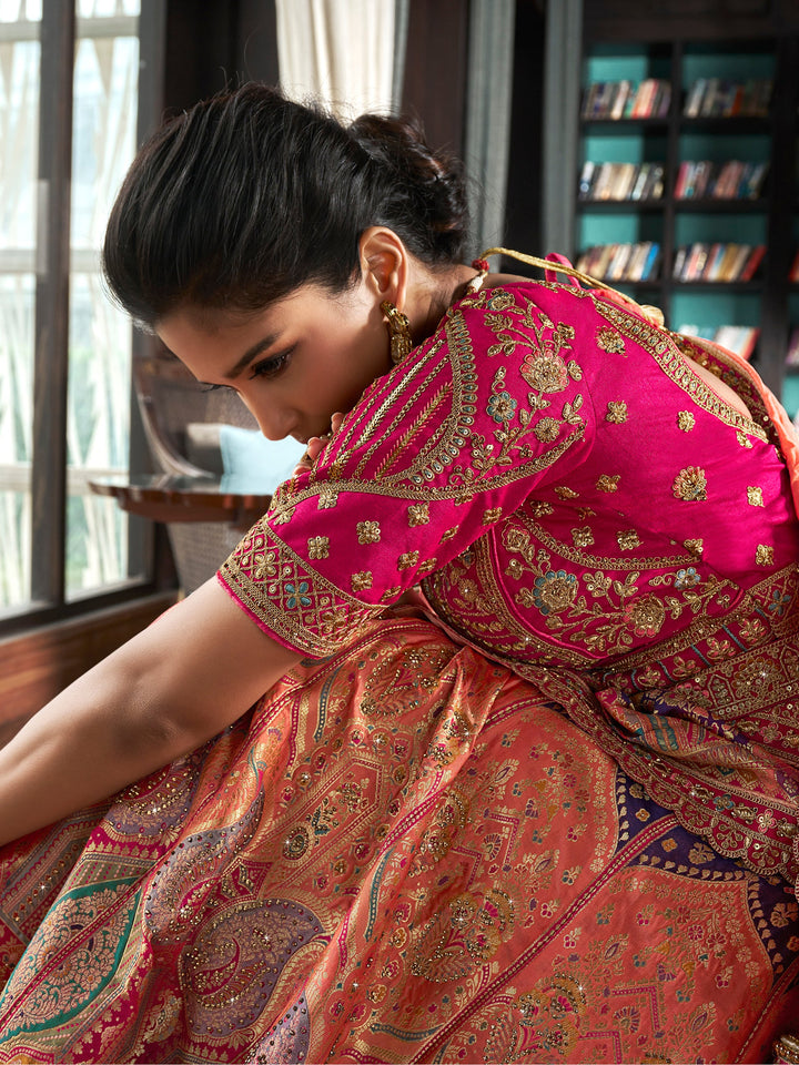 Peach Zari Weaving Banarasi Silk Wedding Lehenga Choli