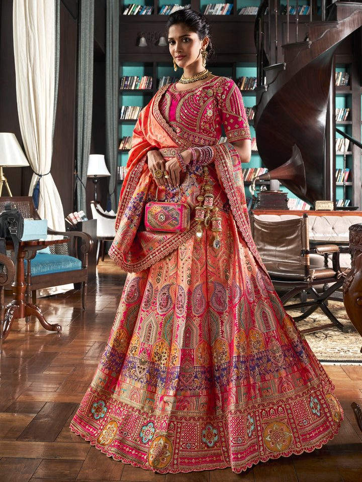 Peach Zari Weaving Banarasi Silk Wedding Lehenga Choli