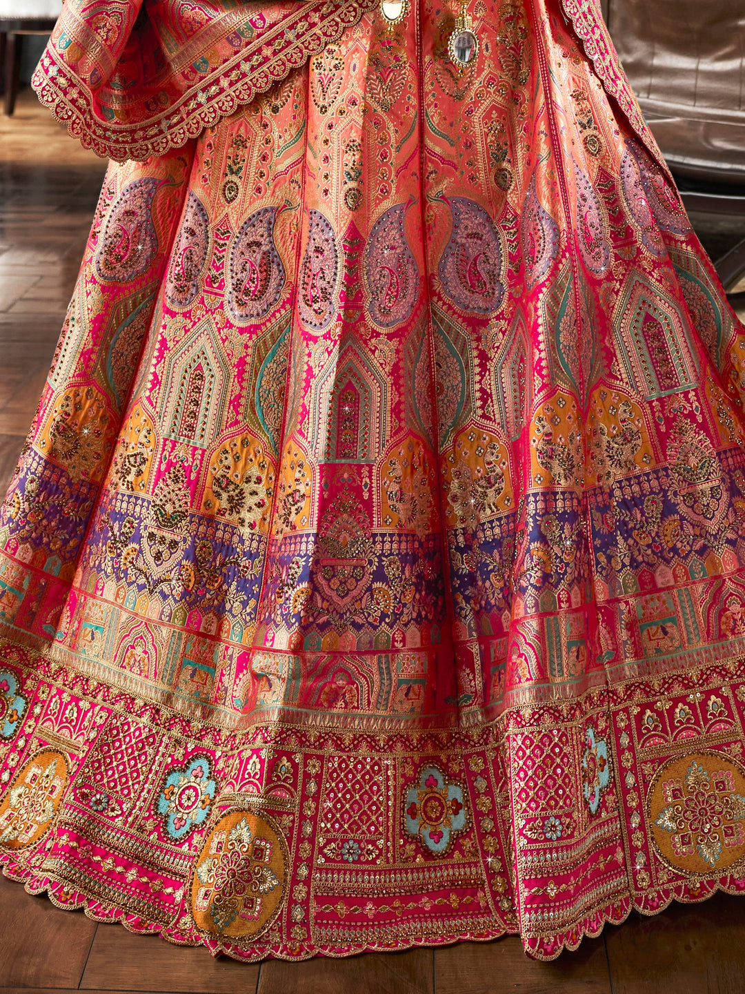 Peach Zari Weaving Banarasi Silk Wedding Lehenga Choli