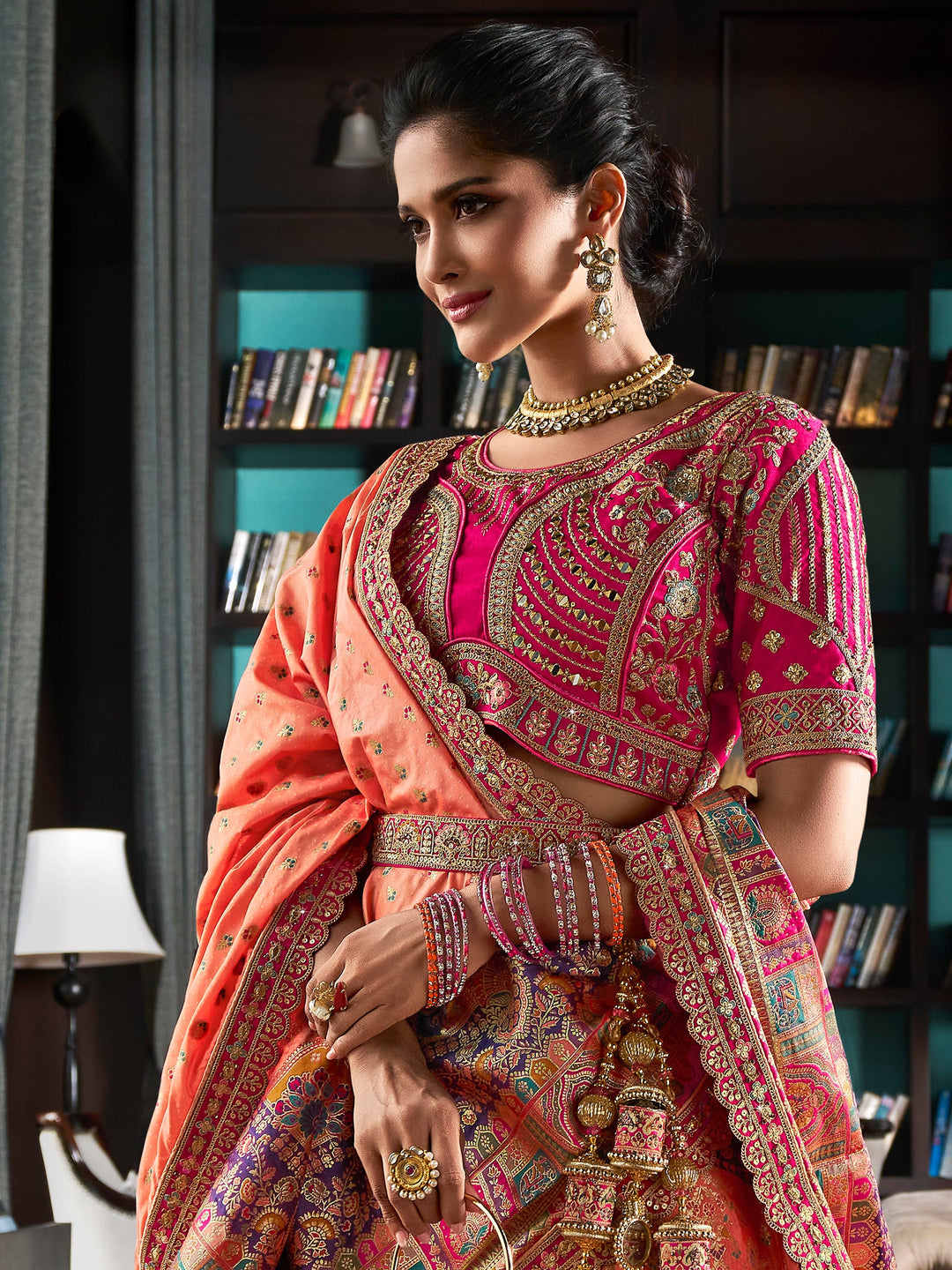 Peach Zari Weaving Banarasi Silk Wedding Lehenga Choli