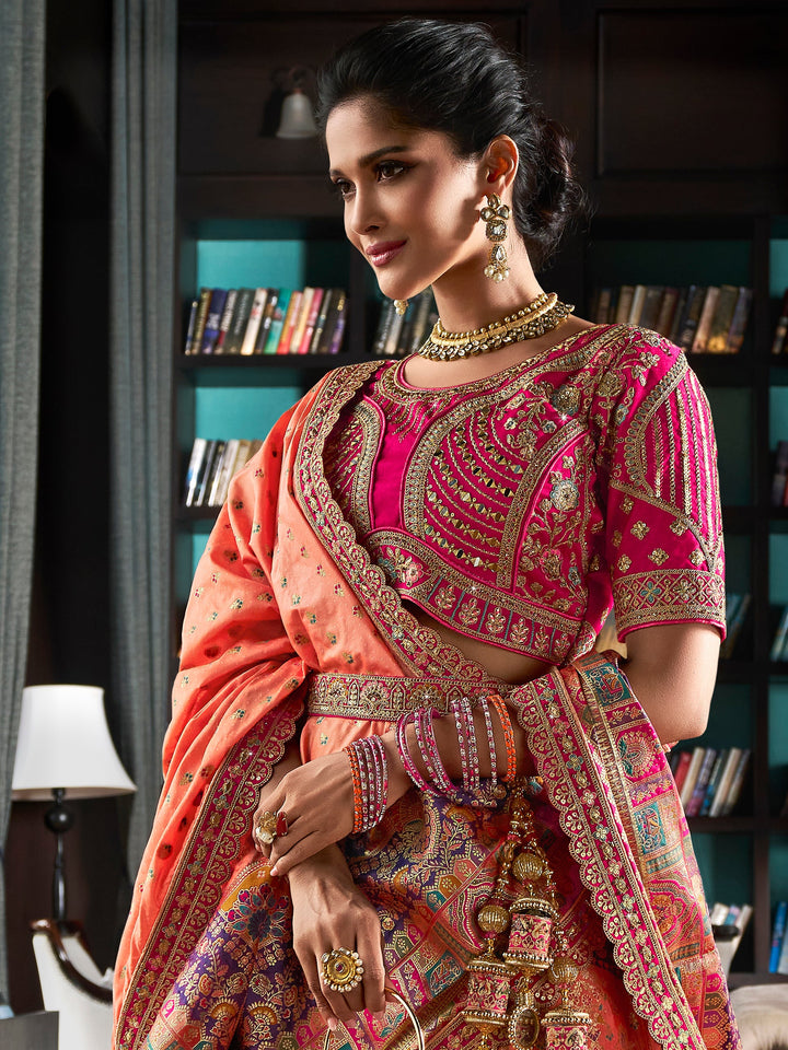 Peach Zari Weaving Banarasi Silk Wedding Lehenga Choli