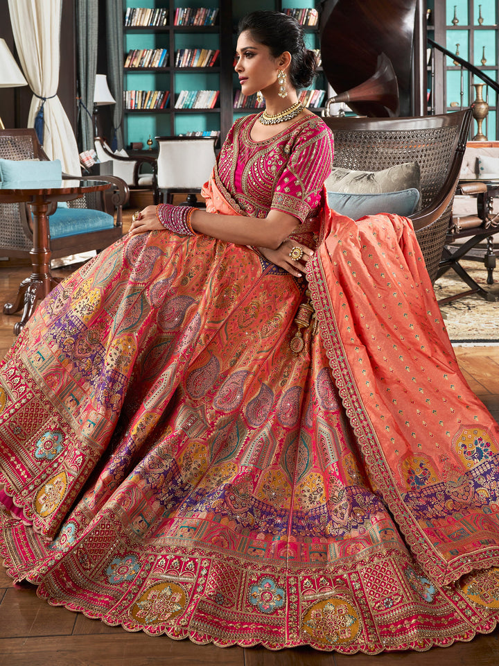 Peach Zari Weaving Banarasi Silk Wedding Lehenga Choli
