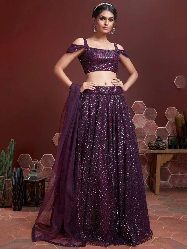 Purple Sequins Embroidered Net Party Wear Lehenga Choli