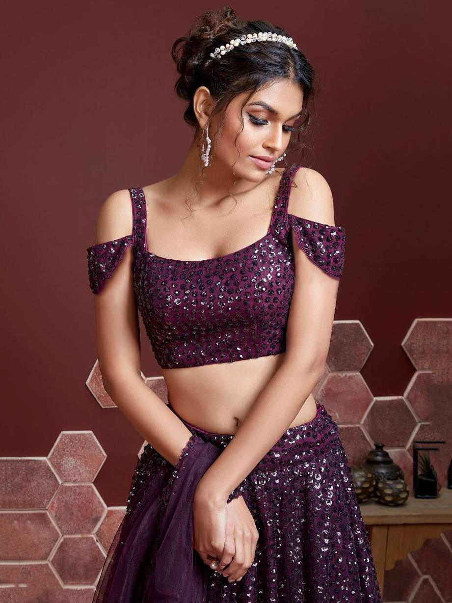 Purple Sequins Embroidered Net Party Wear Lehenga Choli