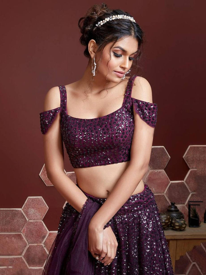 Purple Sequins Embroidered Net Party Wear Lehenga Choli