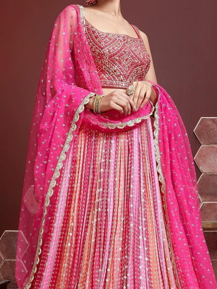 Pink Embroidered Chinon Silk Wedding Wear Lehenga Choli