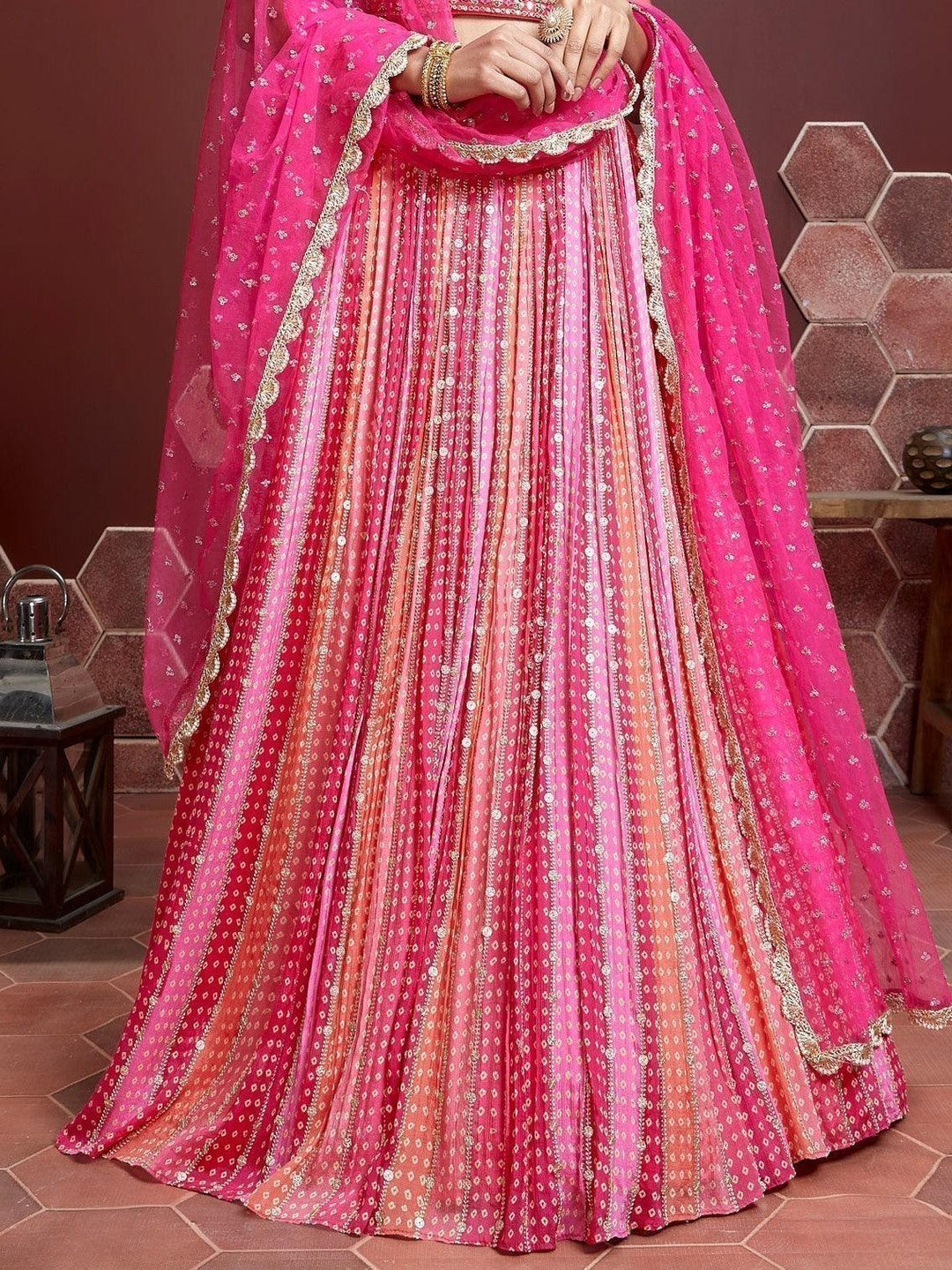 Pink Embroidered Chinon Silk Wedding Wear Lehenga Choli
