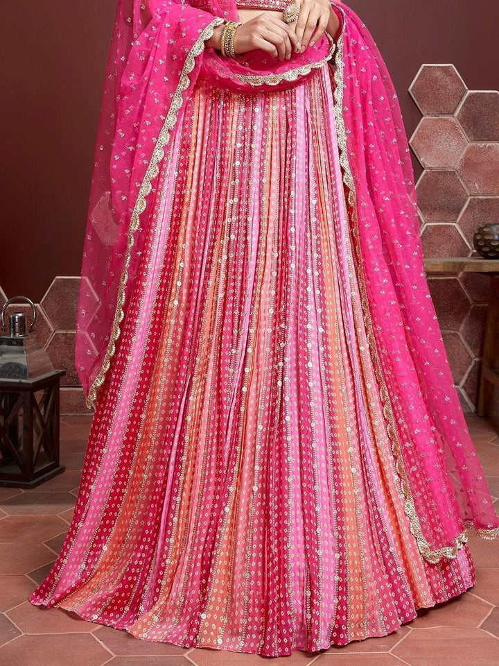 Pink Embroidered Chinon Silk Wedding Wear Lehenga Choli