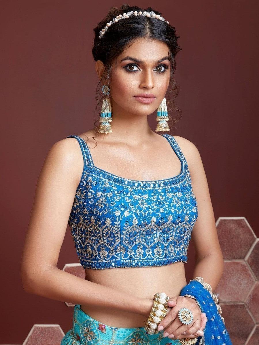 Elegant Sky Blue Fancy Printed Chinon Silk Lehenga Choli With Dupatta