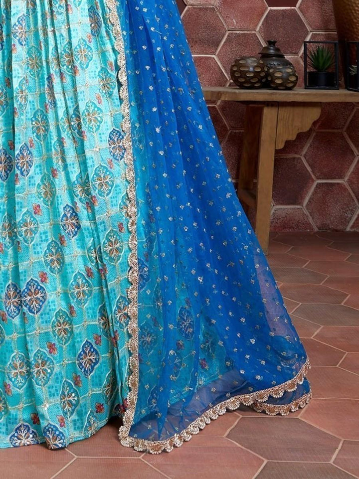 Elegant Sky Blue Fancy Printed Chinon Silk Lehenga Choli With Dupatta