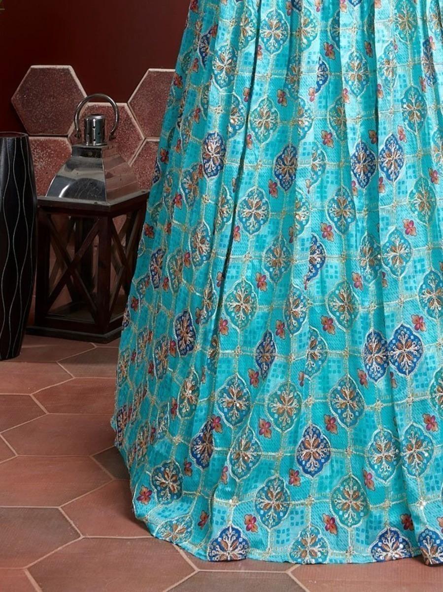 Elegant Sky Blue Fancy Printed Chinon Silk Lehenga Choli With Dupatta