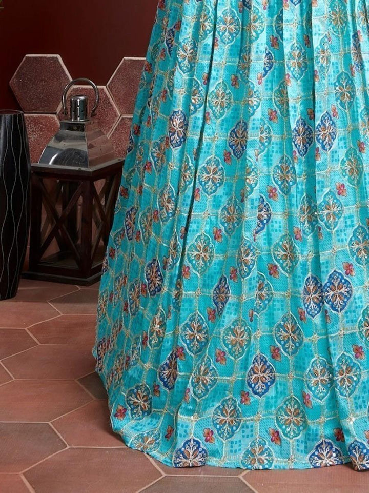 Elegant Sky Blue Fancy Printed Chinon Silk Lehenga Choli With Dupatta