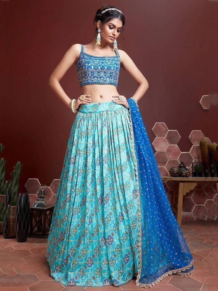 Sky Blue Fancy Printed Chinon Silk Lehenga Choli With Dupatta