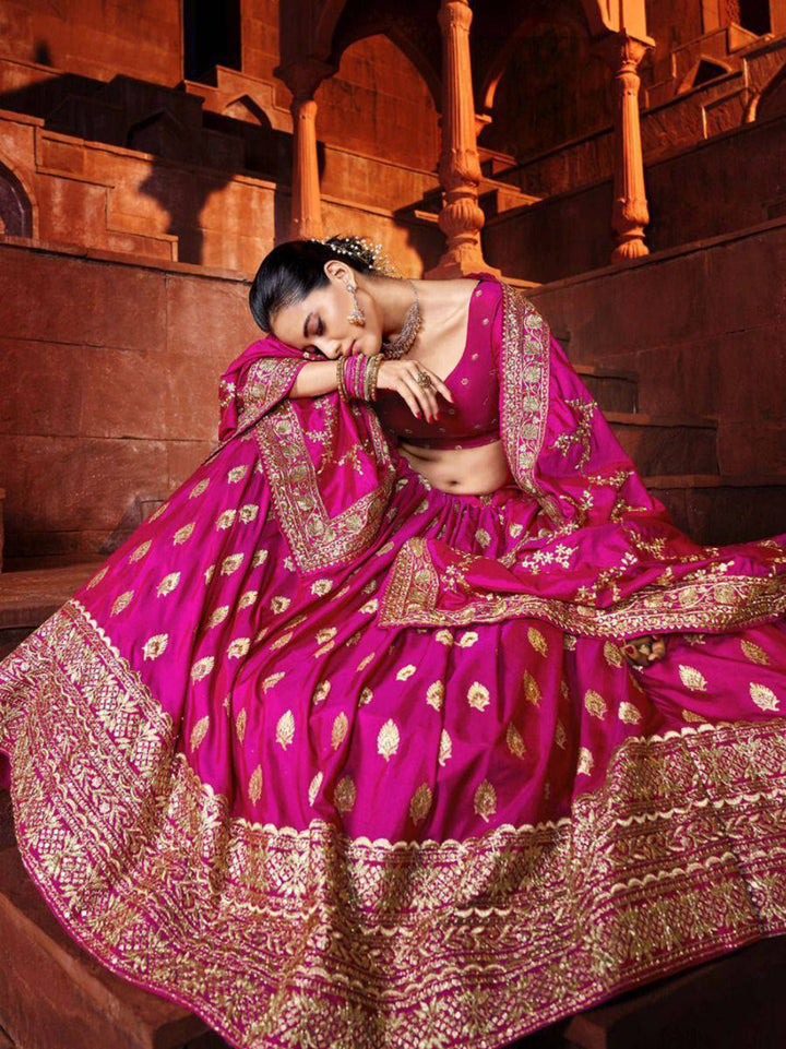 Hot Pink Sequins Silk Wedding Lehenga Choli With Dupatta
