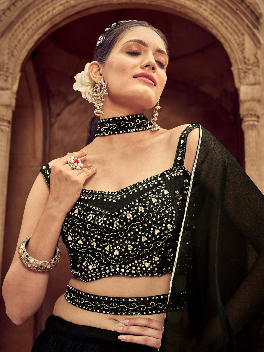Black Embroidered Georgette Reception Wear Lehenga Choli