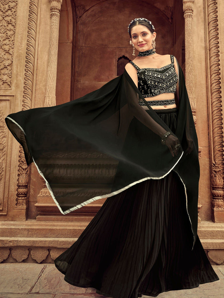 Black Embroidered Georgette Reception Wear Lehenga Choli