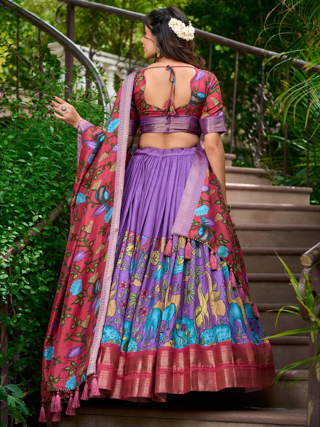 Lavender Kalamkari Printed Dola Silk Traditional Lehenga Choli