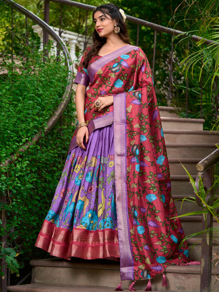 Lavender Kalamkari Printed Dola Silk Traditional Lehenga Choli