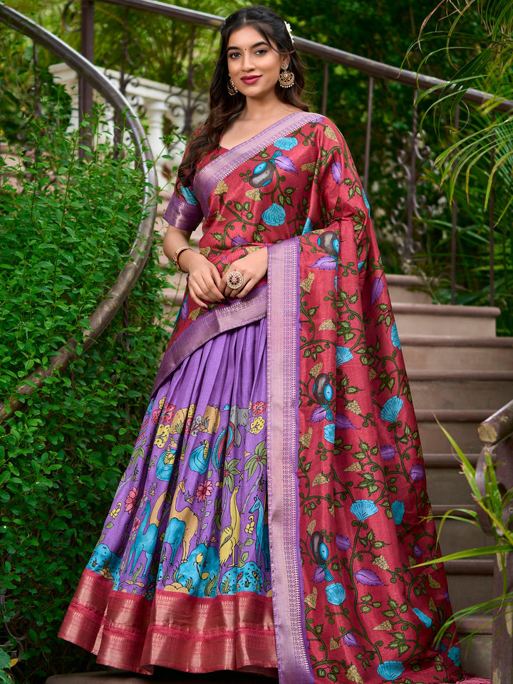 Lavender Kalamkari Printed Dola Silk Traditional Lehenga Choli