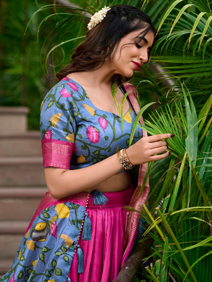 Rani Pink Kalamkari Print Dola Silk Festival Wear Lehenga Choli