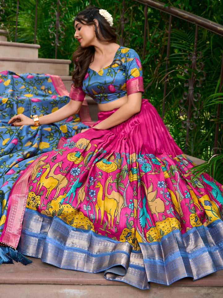 Rani Pink Kalamkari Print Dola Silk Festival Wear Lehenga Choli