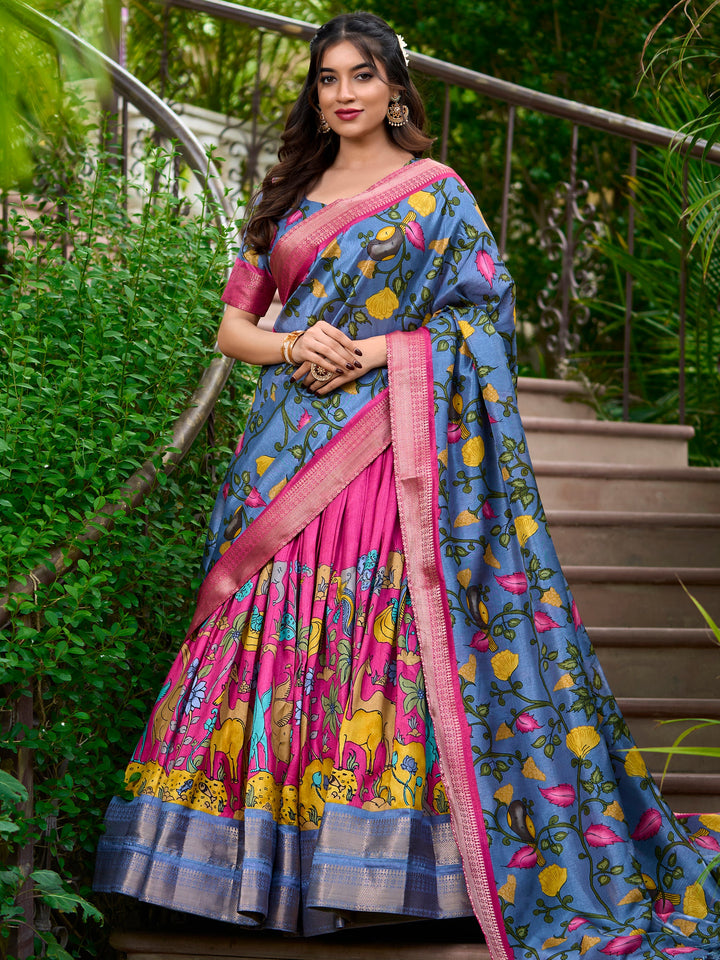 Rani Pink Kalamkari Print Dola Silk Festival Wear Lehenga Choli