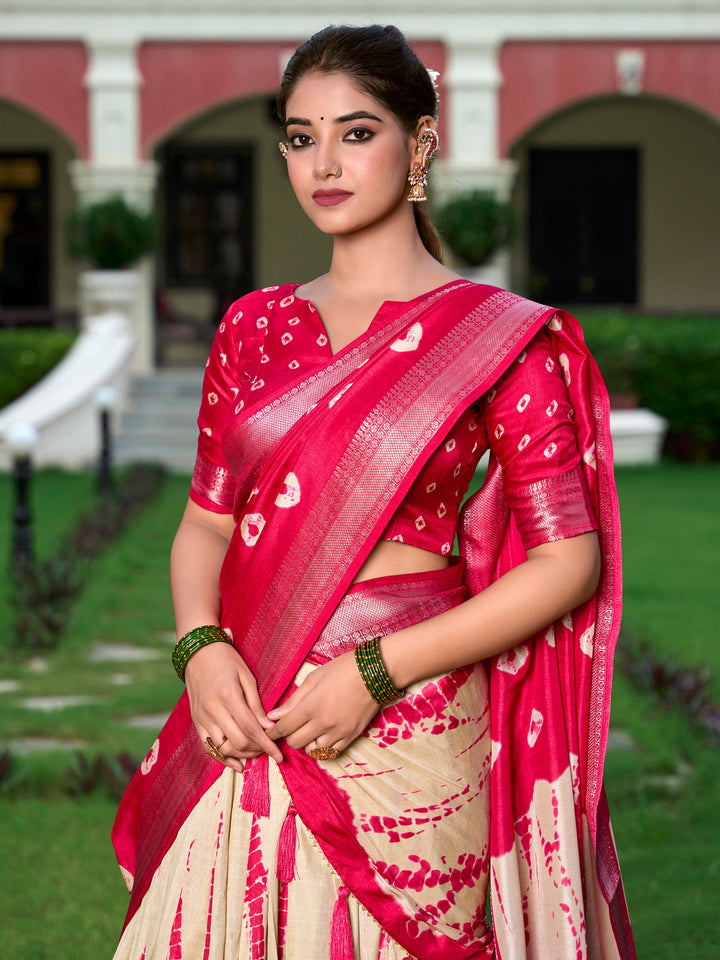 Cream Shibori Printed Silk Festival Wear Lehenga Choli