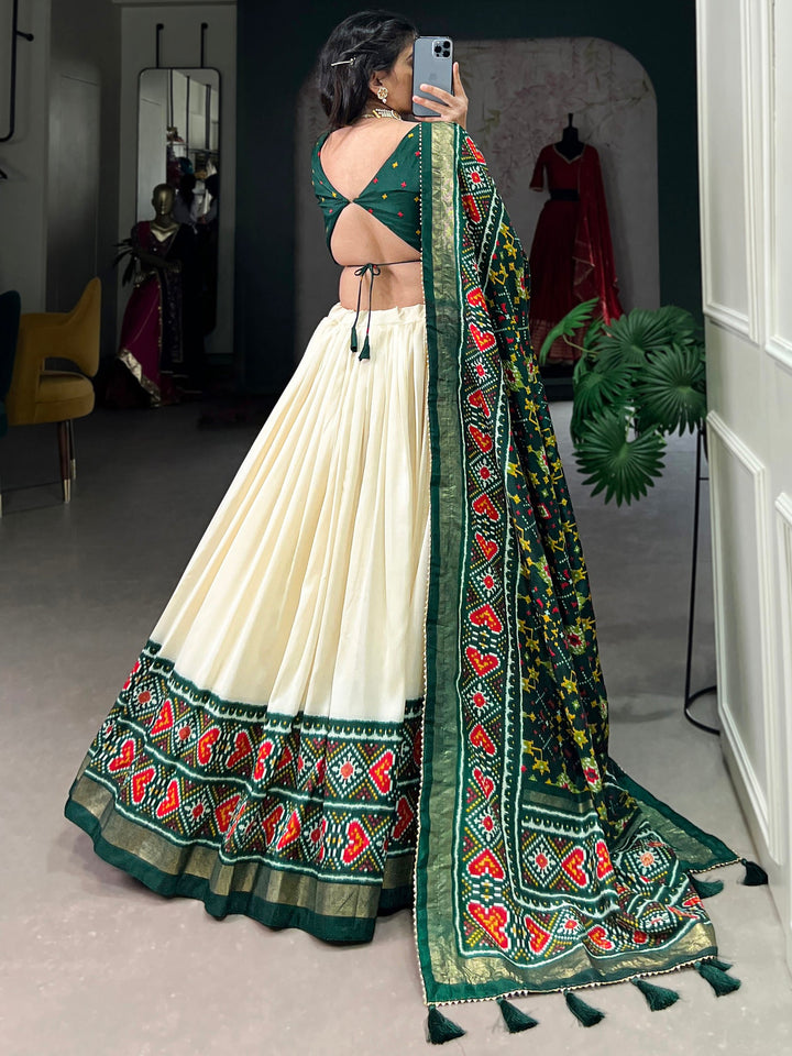 Green Patola Printed Tussar Silk Event Wear Lehenga Choli