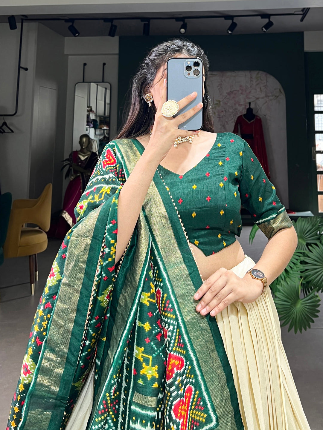 Green Patola Printed Tussar Silk Event Wear Lehenga Choli