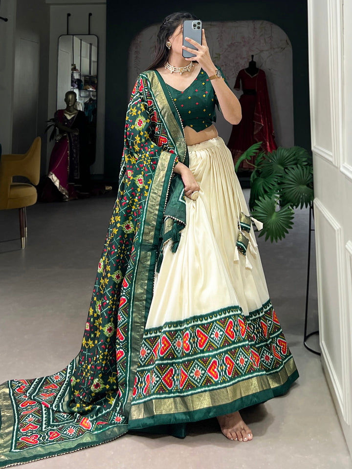 Green Patola Printed Tussar Silk Event Wear Lehenga Choli