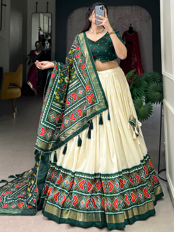 Green Patola Printed Tussar Silk Event Wear Lehenga Choli
