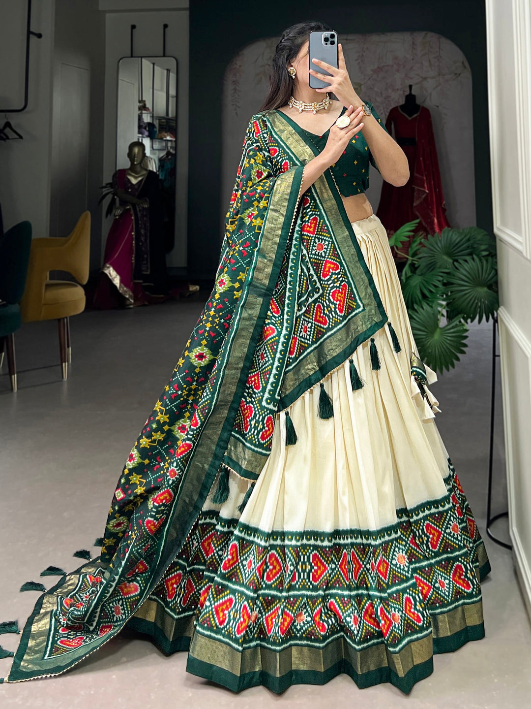 Green Patola Printed Tussar Silk Event Wear Lehenga Choli