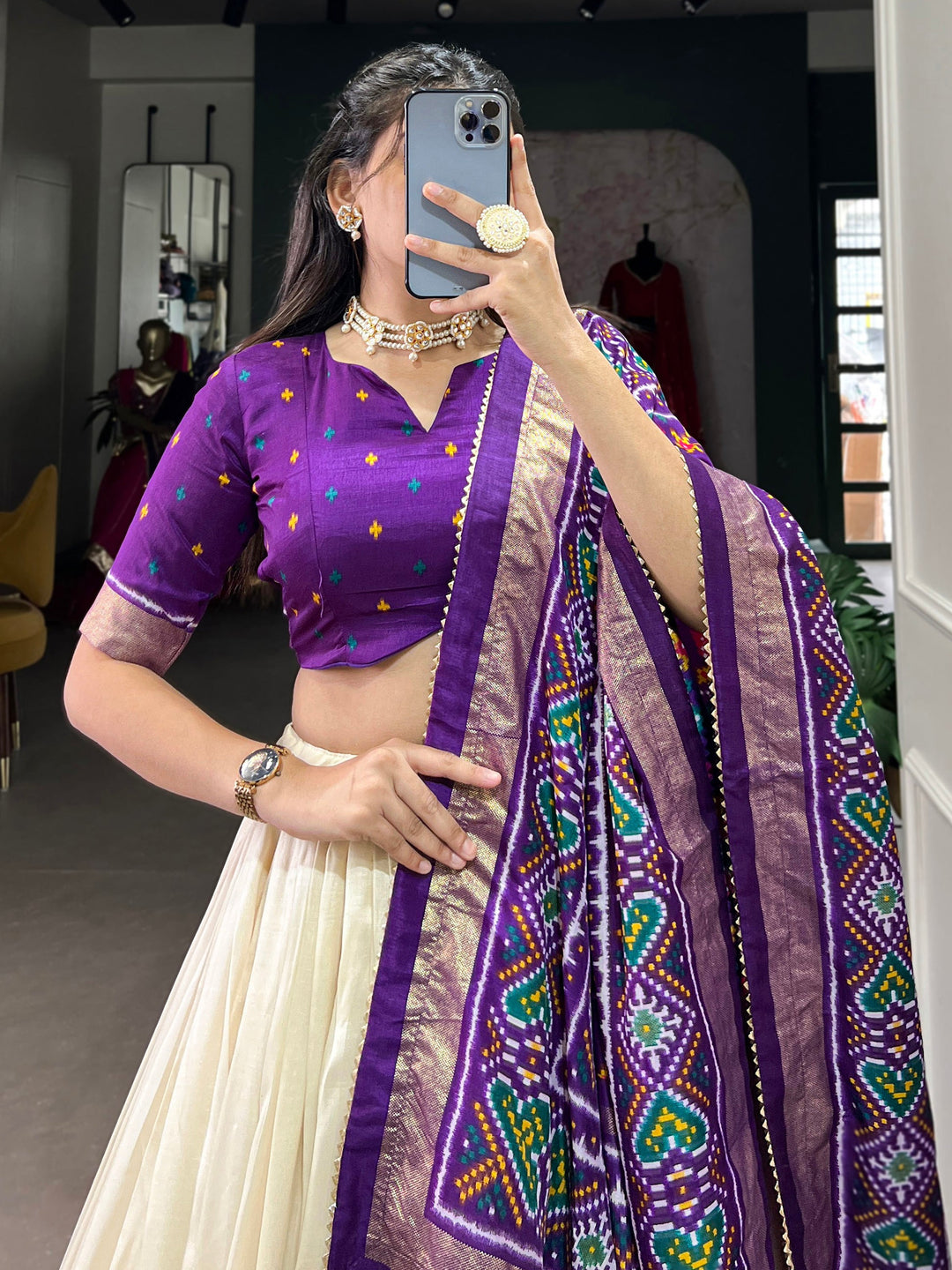 Purple Patola Printed Tussar Silk Traditional Lehenga Choli