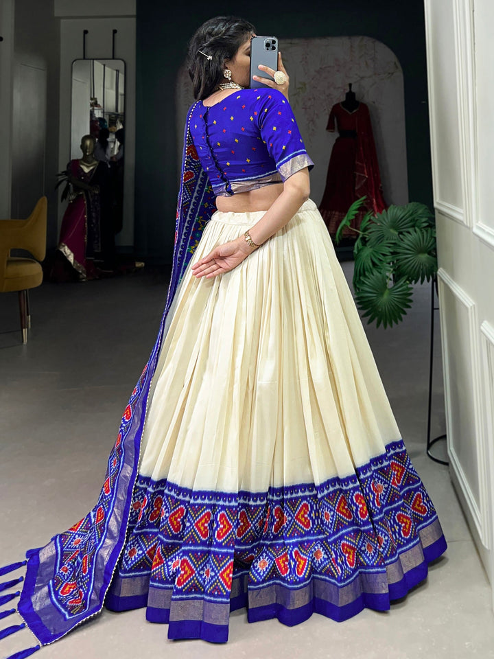 Blue Patola Printed Tussar Silk Lehenga Choli With Dupatta