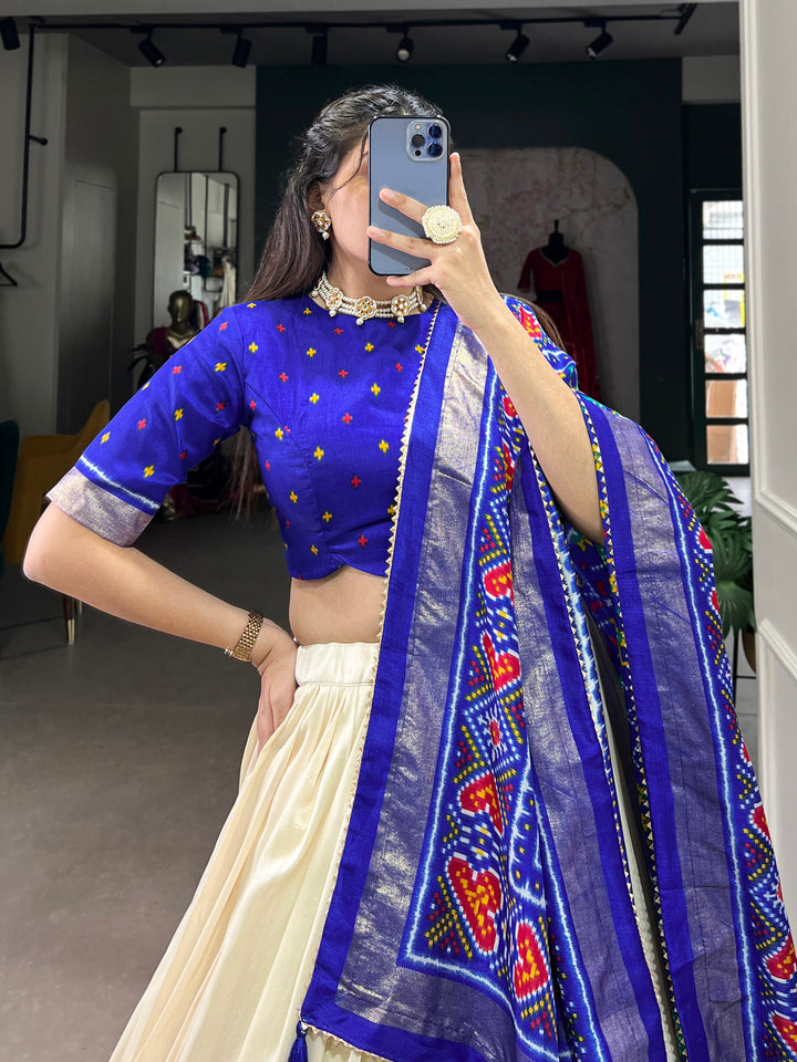 Blue Patola Printed Tussar Silk Lehenga Choli With Dupatta