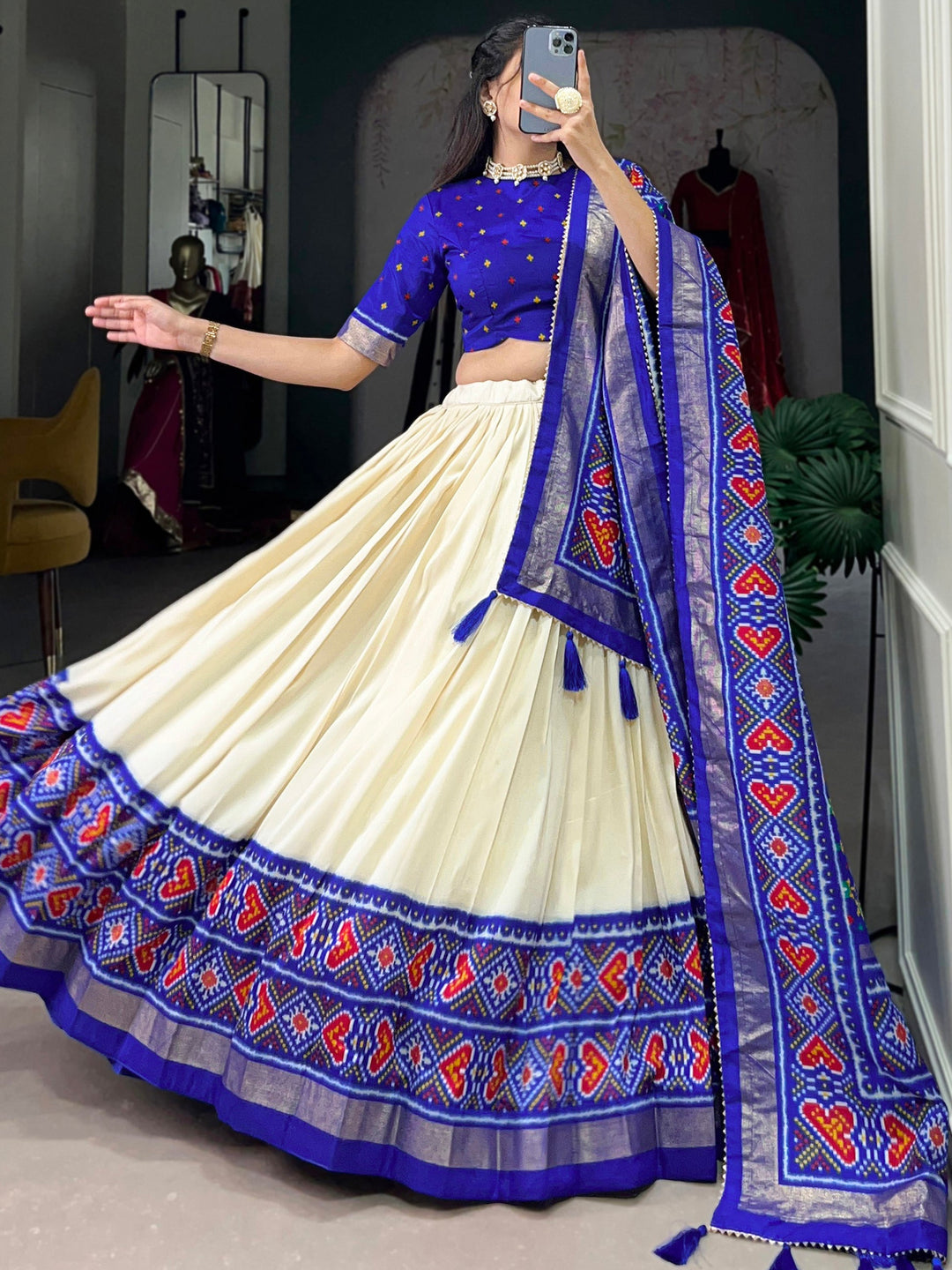 Blue Patola Printed Tussar Silk Lehenga Choli With Dupatta