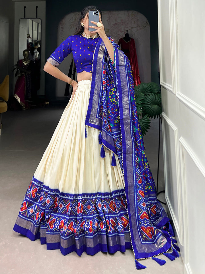 Blue Patola Printed Tussar Silk Lehenga Choli With Dupatta